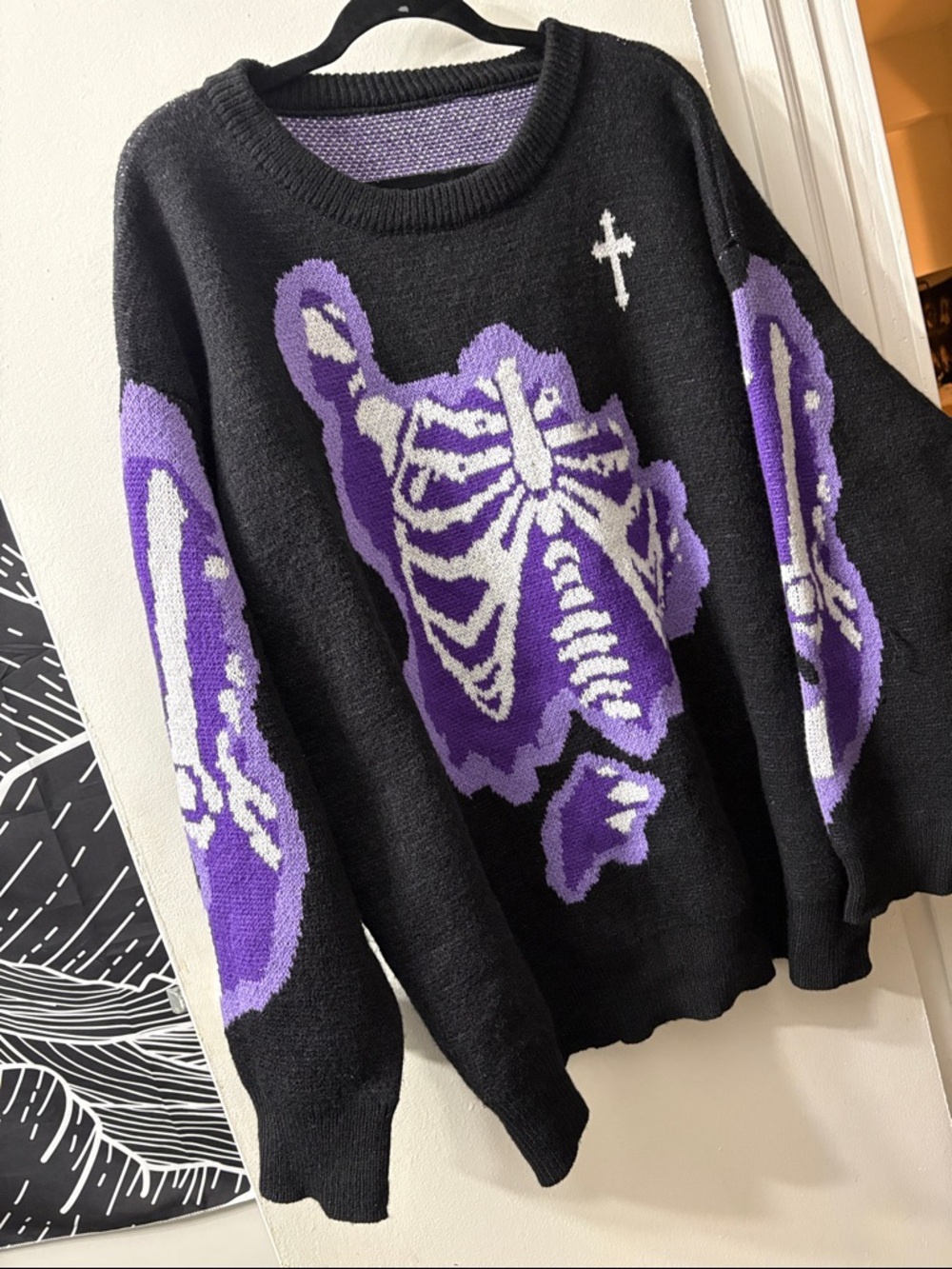 Black & Purple Skeleton Graphic Knit Sweater - Women's